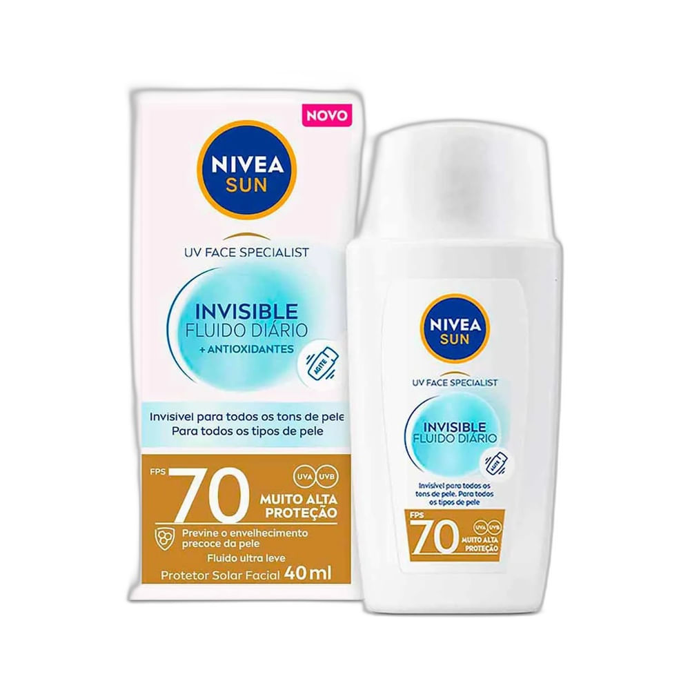 Frasco do Protetor Facial Nivea Sun UV Face Specialist Invisible Fluido Diário FPS 70 40ml em fundo branco